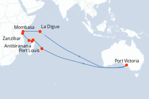 Carte de l'itinéraire de croisière Port Louis-Port Louis d'une durée de 16 jours