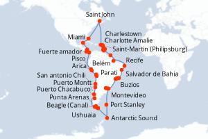 carte itinéraire croisière Caraïbes Bahamas 74 jours au départ du port de Miami