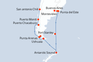 Carte de l'itinéraire de croisière Buenos Aires-San antonio Chili d'une durée de 21 jours