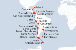 carte itinéraire croisière Caraïbes Bahamas 40 jours au départ du port de Buenos Aires