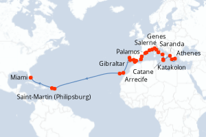 carte itinéraire croisière Transatlantique 38 jours au départ du port de Le Piree - Athenes