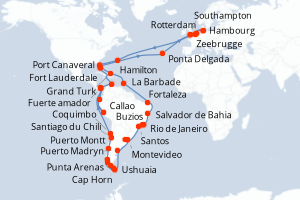 carte itinéraire croisière Transatlantique 90 jours au départ du port de Hambourg