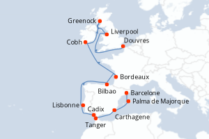 carte itinéraire croisière Europe du Nord 15 jours au départ du port de Barcelone