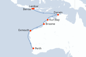 Carte de l'itinéraire de croisière Perth-Benoa d'une durée de 13 jours