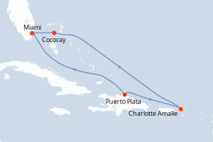 carte itinéraire croisière Caraïbes Bahamas 7 jours au départ du port de Miami