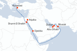 carte itinéraire croisière Moyen-Orient Dubaï 13 jours au départ du port de Kusadasi