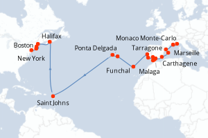 carte itinéraire croisière Transatlantique 24 jours au départ du port de Monaco Monte-Carlo