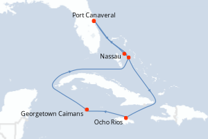 carte itinéraire croisière Caraïbes Bahamas 7 jours au départ du port de Port Canaveral