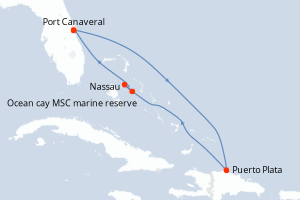 carte itinéraire croisière Caraïbes Bahamas 7 jours au départ du port de Port Canaveral