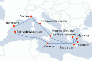 carte itinéraire croisière Sicile 14 jours au départ du port de Barcelone