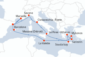 carte itinéraire croisière Sicile 16 jours au départ du port de Marseille