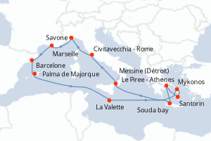 carte itinéraire croisière Sicile 14 jours au départ du port de Savone