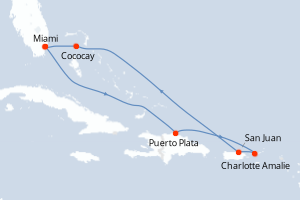 carte itinéraire croisière Caraïbes Bahamas 7 jours au départ du port de Miami
