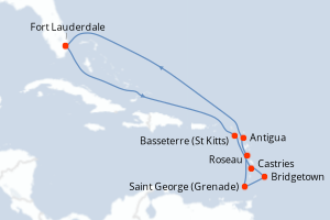 Carte de l'itinéraire de croisière Fort Lauderdale-Fort Lauderdale d'une durée de 11 jours