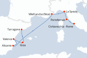 Carte de l'itinéraire de croisière Civitavecchia - Rome-Tarragone d'une durée de 9 jours
