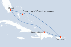 Carte itinéraire croisière États-Unis, Bahamas, Porto Rico, République Dominicaine - 7 jours au départ de Miami - Caraïbes Bahamas