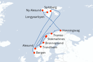 carte itinéraire croisière Fjörds norvégiens 8 jours au départ du port de Longyearbyen