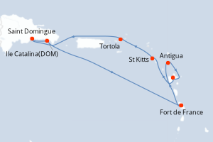 Carte itinéraire croisière Antilles, Iles Vierges, Rép.Dominicaine - 8 jours au départ de Fort de France - Caraïbes Bahamas