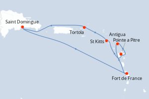 Carte de l'itinéraire de croisière Pointe a Pitre-Pointe a Pitre d'une durée de 7 jours