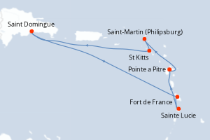 Carte de l'itinéraire de croisière Pointe a Pitre-Pointe a Pitre d'une durée de 7 jours