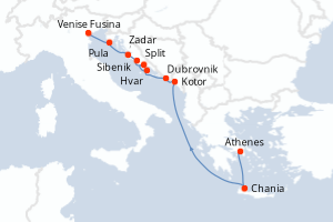 Carte de l'itinéraire de croisière Le Piree - Athenes-Venise Fusina d'une durée de 10 jours