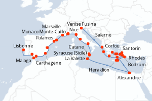 carte itinéraire croisière Atlantique 42 jours au départ du port de Venise Fusina