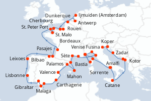 carte itinéraire croisière Europe du Nord 46 jours au départ du port de Venise Fusina