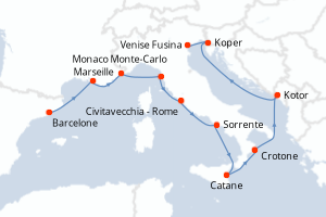 carte itinéraire croisière Sicile 11 jours au départ du port de Barcelone
