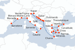 carte itinéraire croisière Sicile 31 jours au départ du port de Barcelone