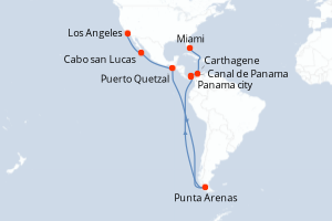 Carte de l'itinéraire de croisière Los Angeles-Miami d'une durée de 17 jours