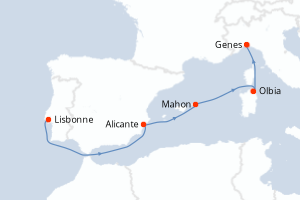carte itinéraire croisière Sardaigne 5 jours au départ du port de Lisbonne