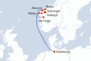 Carte de l'itinéraire de croisière Hambourg-Hambourg d'une durée de 9 jours