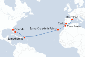 carte itinéraire croisière Transatlantique 14 jours au départ du port de Barcelone