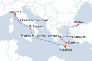 carte itinéraire croisière Sicile 10 jours au départ du port de Civitavecchia - Rome