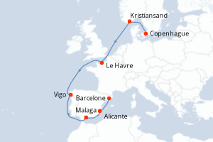 carte itinéraire croisière Méditerranée 9 jours au départ du port de Copenhague