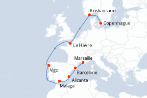 carte itinéraire croisière Méditerranée 10 jours au départ du port de Copenhague