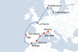 carte itinéraire croisière Méditerranée 11 jours au départ du port de Copenhague
