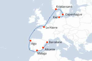 carte itinéraire croisière Méditerranée 10 jours au départ du port de Kiel