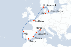 carte itinéraire croisière Méditerranée 11 jours au départ du port de Kiel