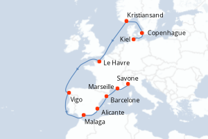 carte itinéraire croisière Méditerranée 12 jours au départ du port de Kiel