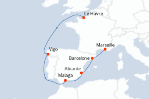 carte itinéraire croisière Méditerranée 7 jours au départ du port de Le Havre