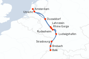 Carte de l'itinéraire de croisière Bale-Amsterdam d'une durée de 7 jours