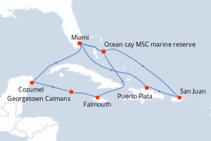 carte itinéraire croisière Caraïbes Bahamas 14 jours au départ du port de Miami