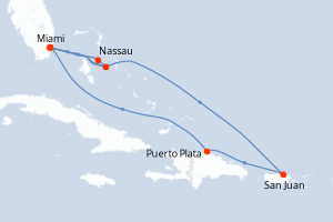 Carte itinéraire croisière États-Unis, Bahamas, Porto Rico, République Dominicaine - 10 jours au départ de Miami - Caraïbes Bahamas
