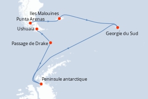 Carte de l'itinéraire de croisière Santiago du Chili-Buenos Aires d'une durée de 18 jours