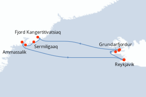 Carte de l'itinéraire de croisière Reykjavik-Sermiligaaq d'une durée de 8 jours