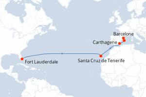 carte itinéraire croisière Transatlantique 14 jours au départ du port de Fort Lauderdale