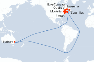 carte itinéraire croisière Amérique du Nord 11 jours au départ du port de Montréal