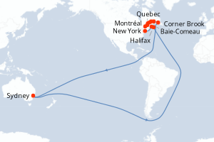 carte itinéraire croisière Amérique du Nord 11 jours au départ du port de Montréal