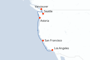 Carte de l'itinéraire de croisière Vancouver-Los Angeles d'une durée de 6 jours